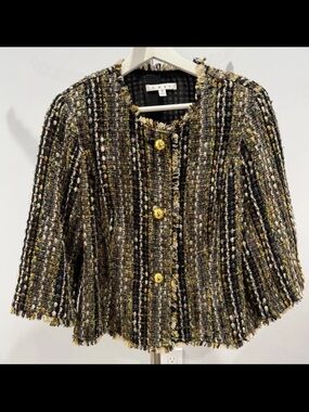 Cabi Paris Wool Blend Boucle Tweed Fringe Blazer Jacket Brown Size M